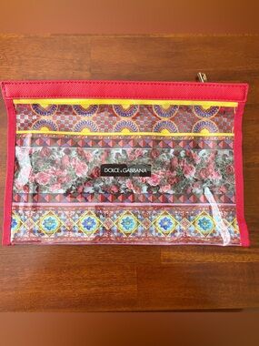 Dolce & Gabbana Red Printed PVC Swimsuit Pouch Clutch Floral Maiolica Italy